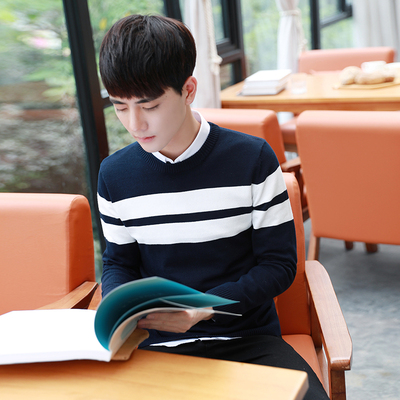 秋季男士长袖毛衣纯棉套头针织衫青年学生韩版修身条纹圆领打底衫