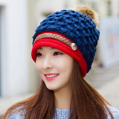 韩国冬季帽子女针织帽潮拼色毛球加厚保暖女士帽子秋冬套头毛线帽