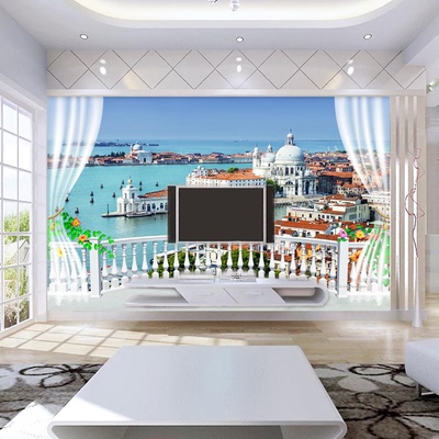 大型3D背景墙延伸空间壁画壁纸地中海风情复式楼客厅沙发婚房墙纸