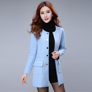 2016冬季新款简约修身韩版手工双面呢大衣中长款羊毛呢外套女纯色