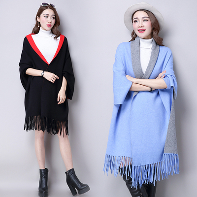 2016秋冬季韩版双面针织开衫女装蝙蝠衫中长款流苏披肩外套毛衣女