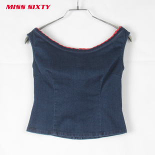 Miss Sixty2016新款女装一字领露肩修身牛仔短袖T恤 662XJ1870000