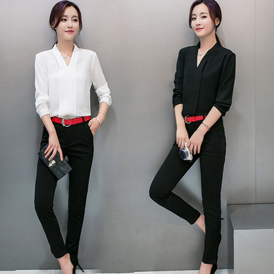 2016秋季韩版修身时尚套装女长袖气质雪纺衬衫九分裤小脚裤两件套
