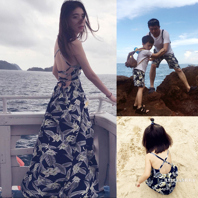 韩国沙滩海边度假亲子装夏装一家三口四口父子装夏季母女装连衣裙