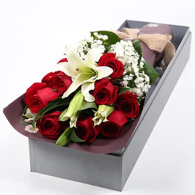 9枝红玫瑰花长礼盒盒 白百合组合花 西安鲜花同城速递