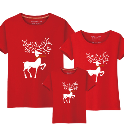 亲子装夏装纯棉短袖T恤圣诞麋鹿一家三口大码母女装幼儿园活动服