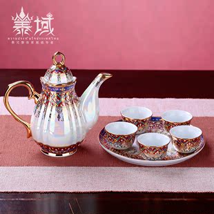 泰域 泰国进口彩绘陶瓷茶具整套 东南亚蓝色彩绘茶壶茶盘茶具套装