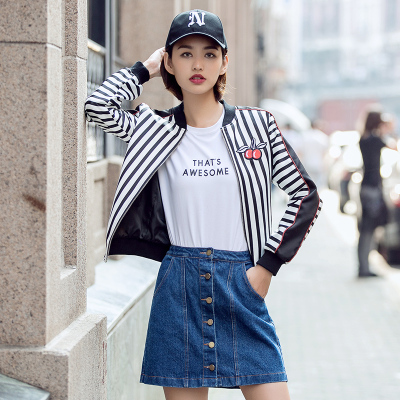 2016秋季韩版条纹夹克衫女时尚百搭修身短款棒球衫气质学生外套