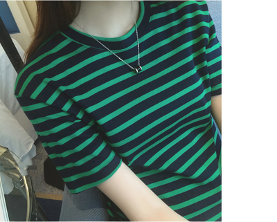 2016年款夏季女装新款韩国学院洋气撞色条纹休闲百搭圆领短袖T恤