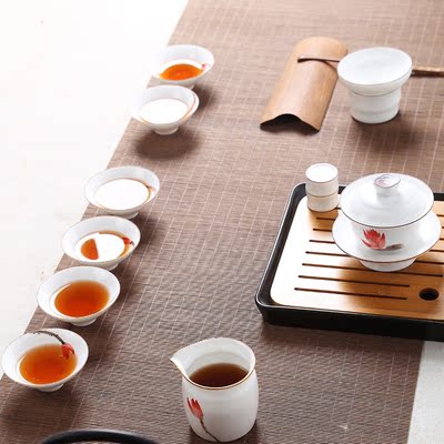 茶具套装特价景德镇手绘定窑脂白瓷功夫茶具整套陶瓷盖碗茶海茶杯
