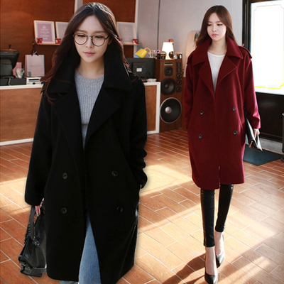 2016冬装韩版茧型修身气质双排扣毛呢外套女中长款加厚呢子大衣潮