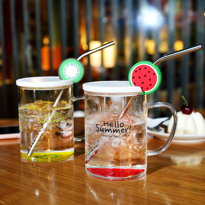 早餐牛奶带吸管玻璃水杯创意水果图案透明茶杯带盖办公室泡茶杯子