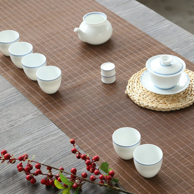手绘玄纹陶瓷功夫茶具套装高白瓷薄胎子母双线茶具整套盖碗茶海杯