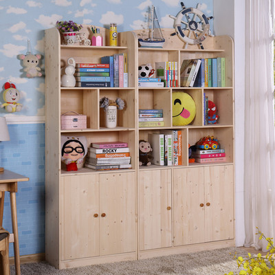 书架儿童书架实木书柜带柜门松木儿童书架落地书橱组合书柜置物架