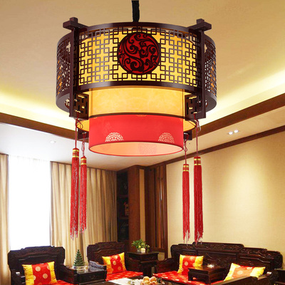 现代中式吊灯实木羊皮仿古圆形酒店客厅大厅包厢中国风火锅店灯具