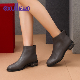 exull/依思Q2015新款冬短靴铆钉牛纹低跟绒里后拉链女鞋15183234