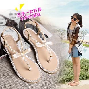 波西米亚夏季韩版珍珠水钻夹趾平底凉鞋女蝴蝶结平跟夹脚沙滩女鞋