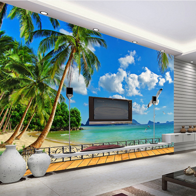 大型3D立体墙纸地中海风景壁布客厅沙发电视远景背景高清海景壁画