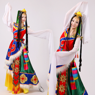 藏族舞蹈演出服装女成人水袖练习袖古典舞大摆裙长裙少数民族服饰
