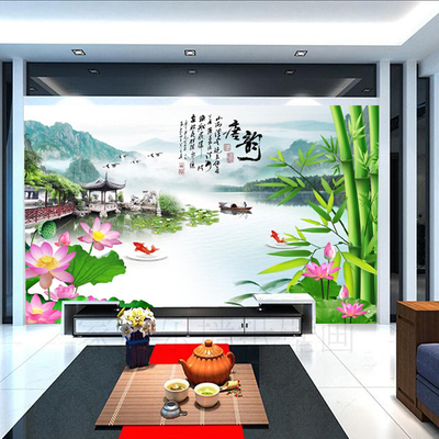 中式唐韵荷花竹林客厅沙发电视影视背景墙3D壁画大型无缝山水壁纸