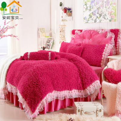 床上用品家纺四件套冬天加厚保暖床裙式韩版公主风红色珊瑚绒双人