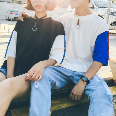 夏季情侣装2017新款韩版时尚半袖拼色拼接宽松创意爱情男女上衣潮