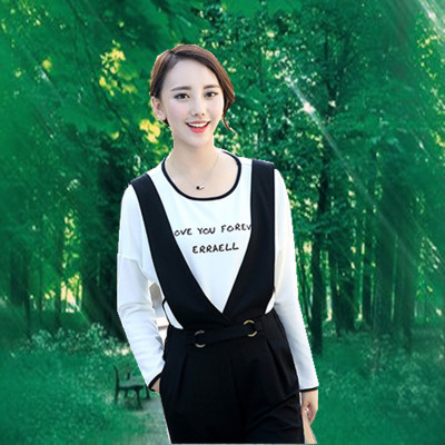 哈伦九分休闲收腰背带裤时尚两件套女秋季韩版修身圆领长袖T恤潮