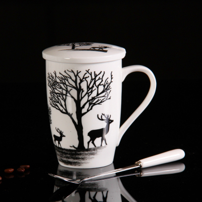 水墨类陶瓷杯子咖啡杯创意情侣带盖勺茶杯牛奶杯马克学生办公水杯