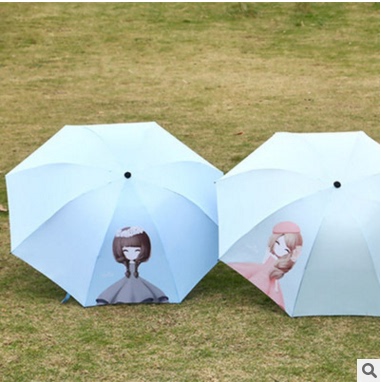 韩版两用晴雨伞韩版花花姑娘手绘卡通雨伞四节折叠伞防紫外线包邮