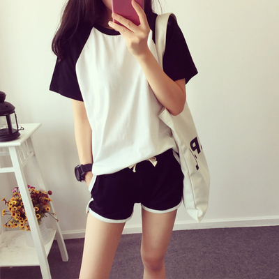 韩版时尚宽松休闲运动套装女夏2015新款t恤女短袖短裤两件套装潮