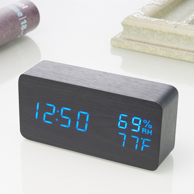 创意LED木头钟湿度温度闹钟夜光声控床头木质闹钟时尚礼品电子钟