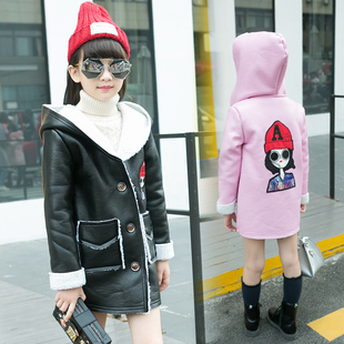 女童pu皮衣外套8加绒加厚连帽夹克皮衣7韩版6女孩衣服冬装10-12岁