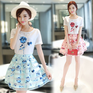 时尚套装裙2016夏季新款韩版女装甜美印花两件套短袖雪纺连衣裙女