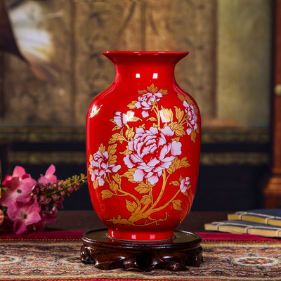 景德镇陶瓷器中国红花瓶家居工艺品客厅装饰品插花瓷瓶摆件结婚