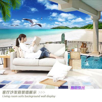 蓝天白云沙滩海鸥3D电视背景墙纸 大型简约海景沙发背景墙纸壁画