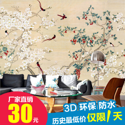 3d玉兰手绘花鸟背景墙纸无缝大型壁画现代中式客厅沙发无纺布壁纸