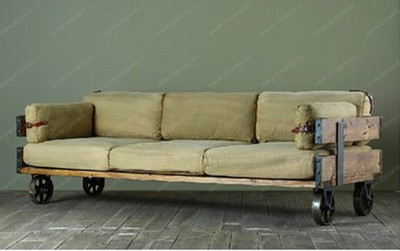 仿古做旧创意软皮复古实木卡座沙发椅三人美式乡村组合铁艺沙发