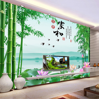 中式古典荷花竹子山水客厅电视背景墙壁纸家和万事兴壁画卧室墙布