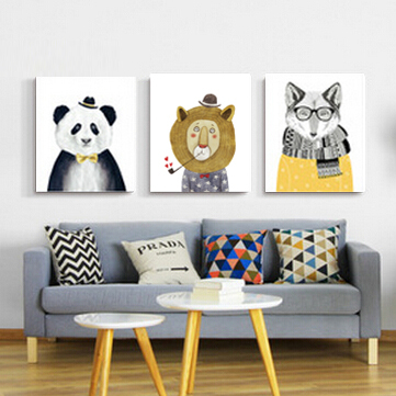 北欧卡通儿童房装饰画熊猫黑白素描挂画简约小孩房间墙画飞鸟和熊