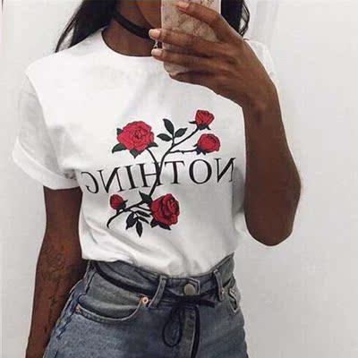 2017夏季Wish速卖通eBay欧美爆款 玫瑰花朵字母印花套头上衣女t恤