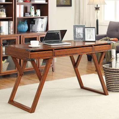 美式书桌简约电脑桌台式家用写字台储物办公桌实木书法桌子工业风