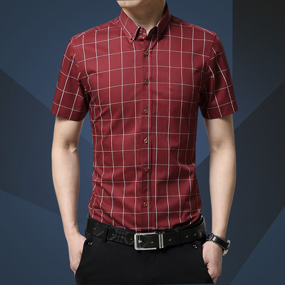 2016夏季青年男短袖衬衫修身型薄款大码夏天休闲男子衬衣格子半袖