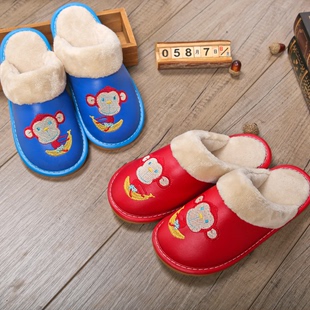 新款儿童防水皮拖鞋 居家小孩男女款防水防滑秋冬季保暖棉拖鞋