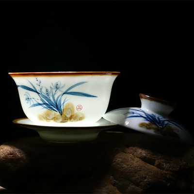 景德镇青花瓷窑变盖碗大号三才杯手绘釉下彩茶碗陶瓷茶杯功夫茶具
