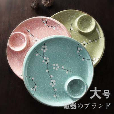 【巴巴库】日式陶瓷饺子盘沥水带醋碟 家用创意圆形水饺盘分格盘