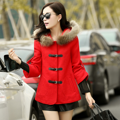 秋季新款韩版女装学院风宽松毛领短款大衣复古连帽长袖毛呢外套潮
