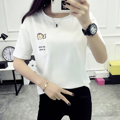 2016夏装新款韩版小猴子印花口袋短袖T恤宽松女生休闲时尚打底衫