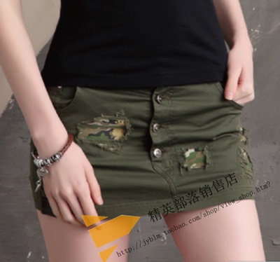 ELITE TRIBE/精英部落WKQ-6387女款裤裙纯棉军绿做旧破洞个性正品
