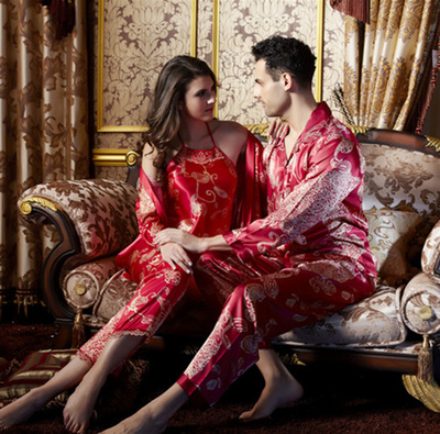 维密果新娘睡衣男女士冬四件套真丝情侣款大红色丝绸结婚肚兜性感