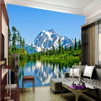 3d立体大自然风景客厅电视背景墙布壁画卧室大型假窗蓝天湖泊墙纸